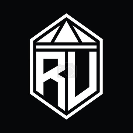 Téléchargez les photos : RU Lettre Logo monogramme simple forme de bouclier hexagonal avec couronne triangle isolé modèle de conception de style - en image libre de droit