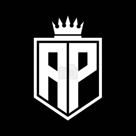 AP Letter Logo monogram bold shield geometric shape with crown outline black and white style design template