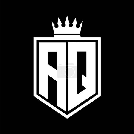 AQ Letter Logo monograma en negrita forma geométrica escudo con el contorno de la corona plantilla de diseño de estilo blanco y negro