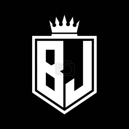 BJ Letter Logo monogram bold shield geometric shape with crown outline black and white style design template