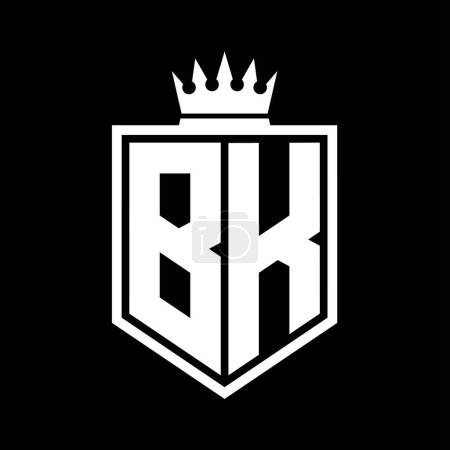 BK Letter Logo monogram bold shield geometric shape with crown outline black and white style design template