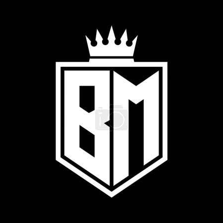 BM Letter Logo monogram bold shield geometric shape with crown outline black and white style design template