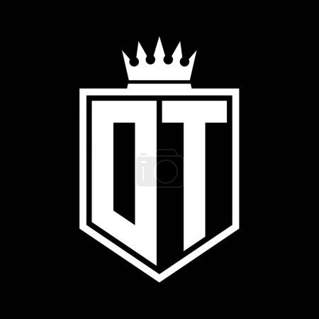 DT Letter Logo monogram bold shield geometric shape with crown outline black and white style design template