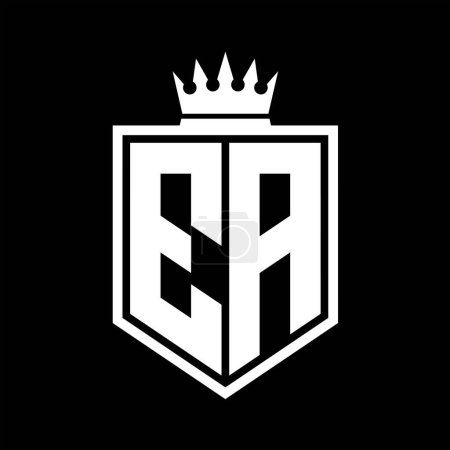 Forma geométrica del escudo en negrita del monograma de EA Letter Logo con el contorno de la corona plantilla de diseño de estilo blanco y negro