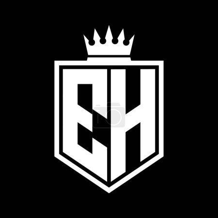 EH Letter Logo monogram bold shield geometric shape with crown outline black and white style design template