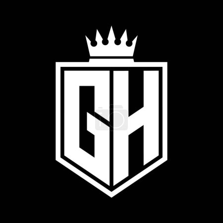 GH Letter Logo monogram bold shield geometric shape with crown outline black and white style design template
