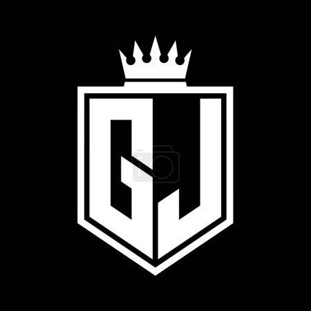 GJ Letter Logo monogram bold shield geometric shape with crown outline black and white style design template