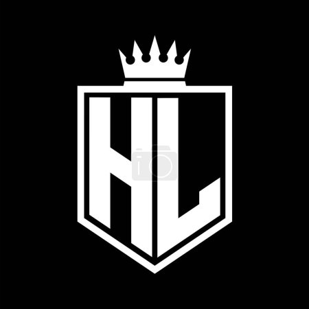 HL Letter Logo monogram bold shield geometric shape with crown outline black and white style design template