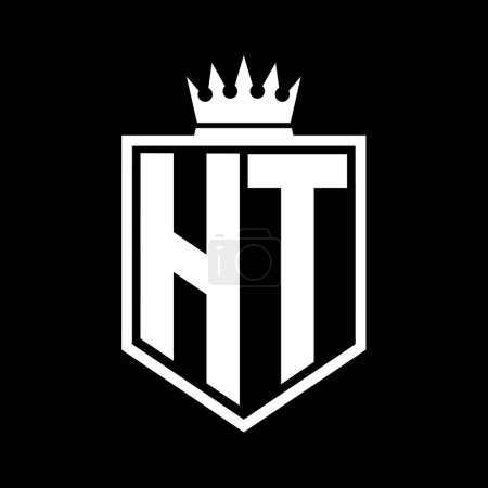 HT Letter Logo monogram bold shield geometric shape with crown outline black and white style design template