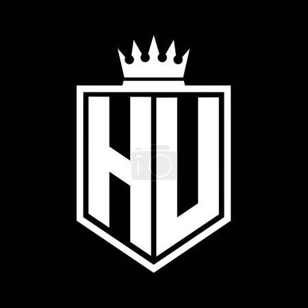 HU Letter Logo monogram bold shield geometric shape with crown outline black and white style design template