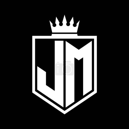 JM Letter Logo monogram bold shield geometric shape with crown outline black and white style design template