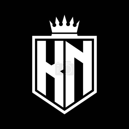 KN Letra Logo monograma escudo negrita forma geométrica con el contorno de la corona plantilla de diseño de estilo blanco y negro