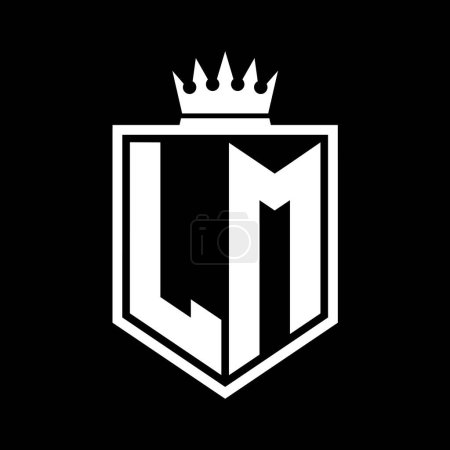 LM Letter Logo monograma en negrita forma geométrica escudo con el contorno de la corona plantilla de diseño de estilo blanco y negro