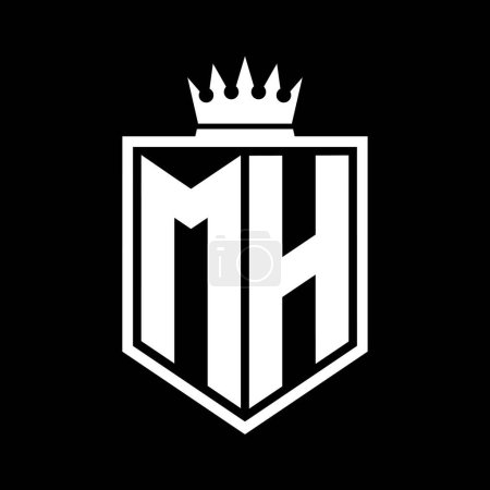 MH Letter Logo monogram bold shield geometric shape with crown outline black and white style design template