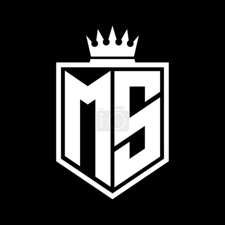 MS Letter Logo monogramme bouclier gras forme géométrique avec contour de la couronne modèle de conception de style noir et blanc