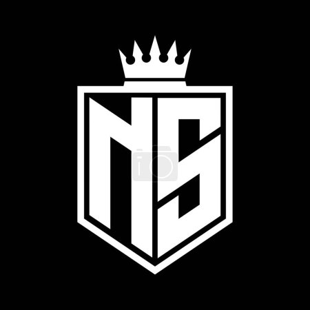 NS Letter Logo monogram bold shield geometric shape with crown outline black and white style design template