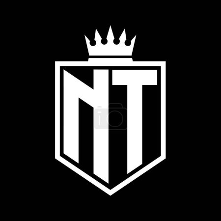 NT Letter Logo monogram bold shield geometric shape with crown outline black and white style design template