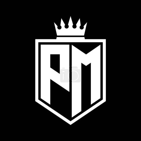 Lettre PM Logo monogramme bouclier gras forme géométrique avec contour de la couronne modèle de conception de style noir et blanc