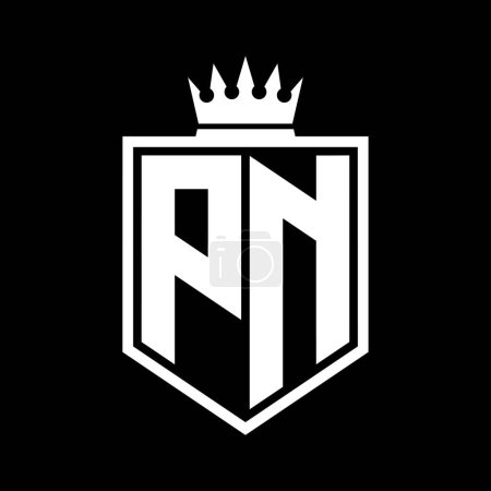PN Letra Logo monograma escudo negrita forma geométrica con contorno de corona plantilla de diseño de estilo blanco y negro