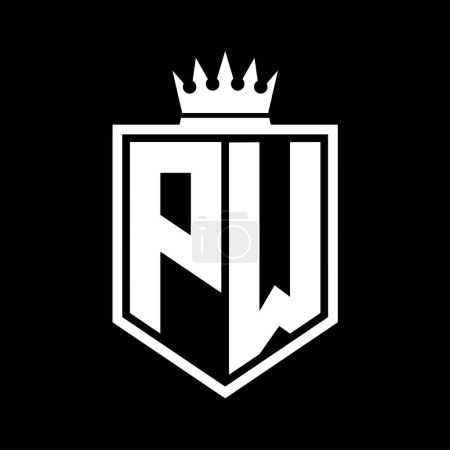 PW Letter Logo monogram bold shield geometric shape with crown outline black and white style design template