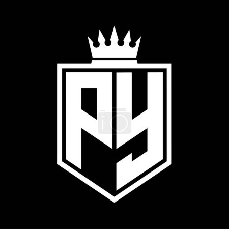 PY Letter Logo Monogramm fett Schild geometrische Form mit Krone Umriss schwarz und weiß Stil Design-Vorlage