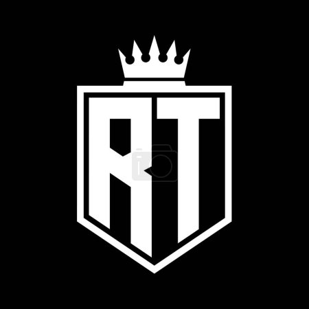 RT Letter Logo monogram bold shield geometric shape with crown outline black and white style design template