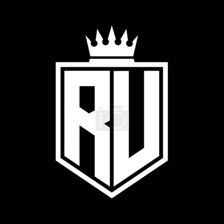 RU Letter Logo monogram bold shield geometric shape with crown outline black and white style design template