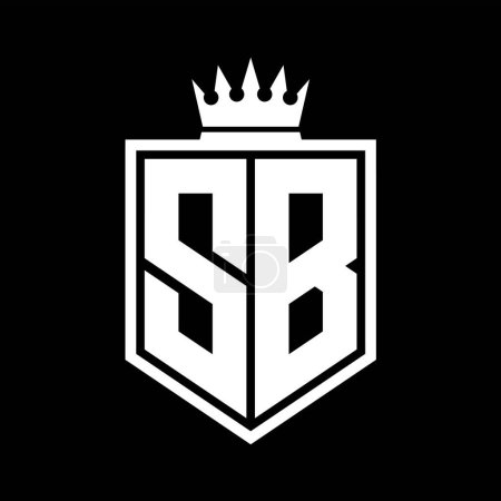SB Letter Logo monogram bold shield geometric shape with crown outline black and white style design template