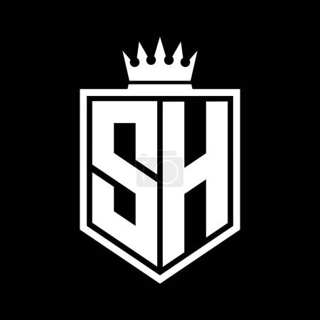SH Carta Logo monograma en negrita forma geométrica escudo con el contorno de la corona plantilla de diseño de estilo blanco y negro