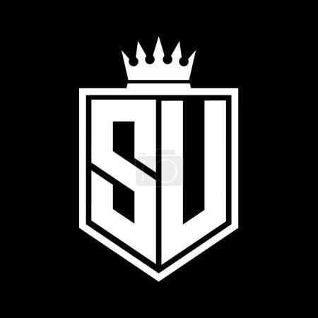 SU Letter Logo Monogramm fett Schild geometrische Form mit Krone Umriss schwarz und weiß Stil Design-Vorlage