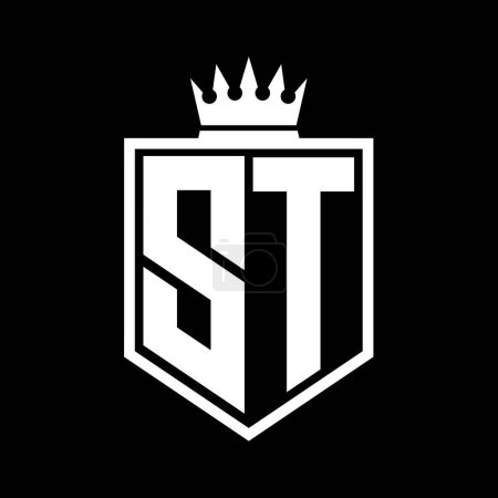 ST Letter Logo Monogramm fett Schild geometrische Form mit Krone Umriss schwarz und weiß Stil Design-Vorlage