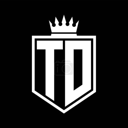 TD Letter Logo monogram bold shield geometric shape with crown outline black and white style design template