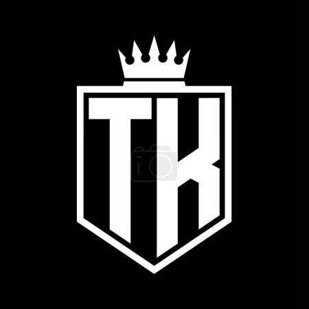 TK Letter Logo monogram bold shield geometric shape with crown outline black and white style design template
