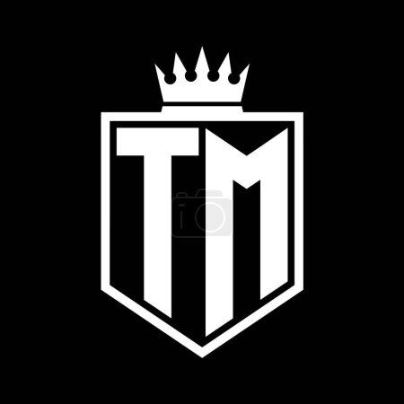 TM Letter Logo monogram bold shield geometric shape with crown outline black and white style design template