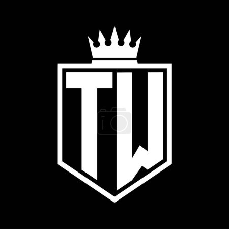 TW Letter Logo monogram bold shield geometric shape with crown outline black and white style design template