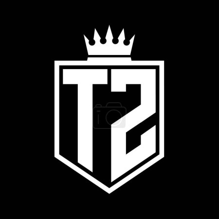 TZ Carta Logo monograma en negrita forma geométrica escudo con el contorno de la corona plantilla de diseño de estilo blanco y negro