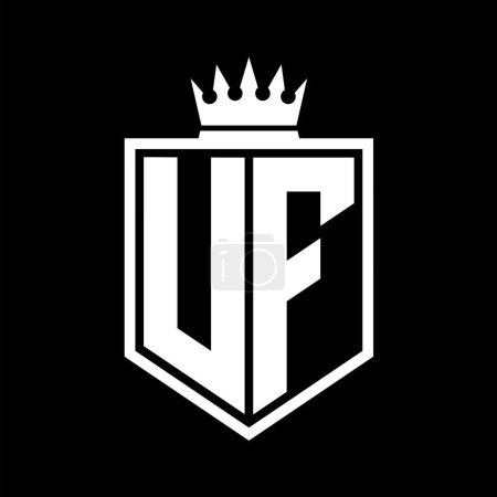 UF Letter Logo monogram bold shield geometric shape with crown outline black and white style design template