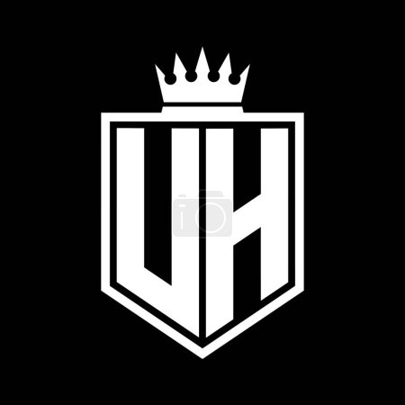 UH Letter Logo monogram bold shield geometric shape with crown outline black and white style design template