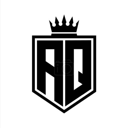 AQ Letter Logo monograma en negrita forma geométrica escudo con el contorno de la corona plantilla de diseño de estilo blanco y negro