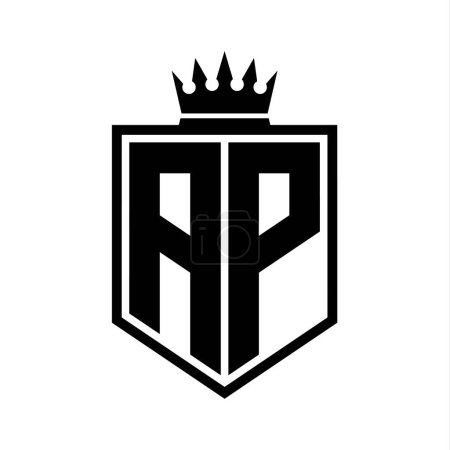 AP Letter Logo monogram bold shield geometric shape with crown outline black and white style design template