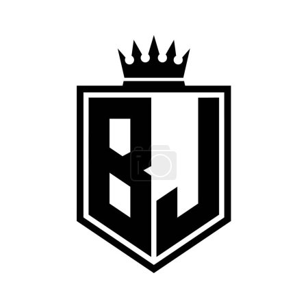 BJ Letter Logo monogram bold shield geometric shape with crown outline black and white style design template