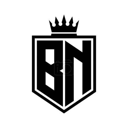 BN Letter Logo monogram bold shield geometric shape with crown outline black and white style design template