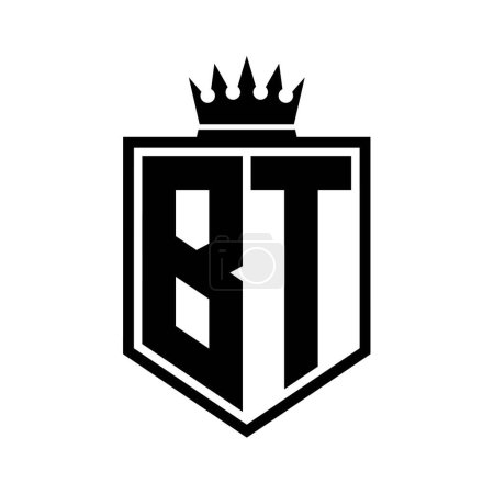 BT Letter Logo monogram bold shield geometric shape with crown outline black and white style design template
