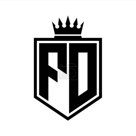 FD Letter Logo monogram bold shield geometric shape with crown outline black and white style design template