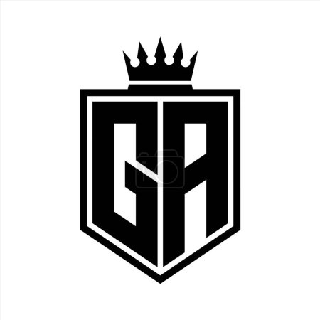 GA Letter Logo monogram bold shield geometric shape with crown outline black and white style design template
