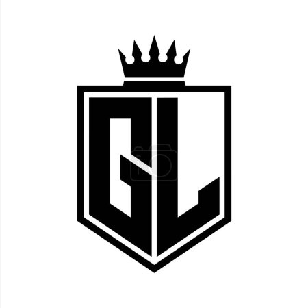 GL Letter Logo monogram bold shield geometric shape with crown outline black and white style design template