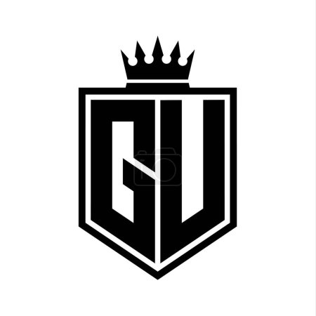 GU Letter Logo monogram bold shield geometric shape with crown outline black and white style design template