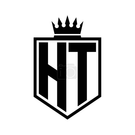 HT Letter Logo monogram bold shield geometric shape with crown outline black and white style design template