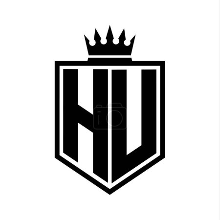 HU Carta Logo monograma en negrita forma geométrica escudo con el contorno de la corona plantilla de diseño de estilo blanco y negro