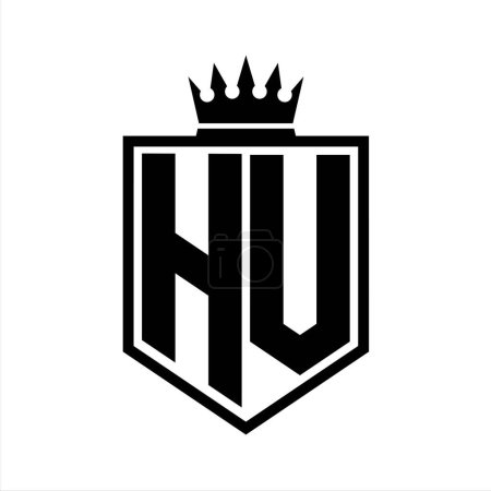 HV Letter Logo monogram bold shield geometric shape with crown outline black and white style design template